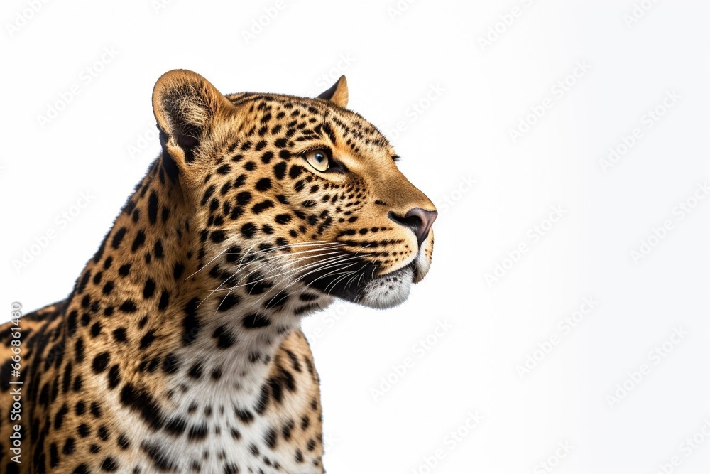 Portrait of leopard standing a looking away proudly, Panthera pardus, against white background : Generative AI Portrait of leopard standing a looking away proudly, Panthera pardus, against white background : Generative AI