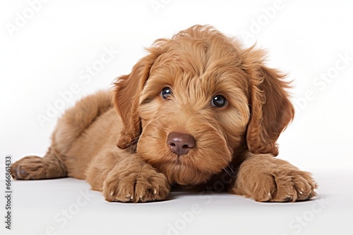 Adorable red / abricot Labradoodle dog puppy, laying down side ways, looking towards camera with shiny dark eyes. Isolated on white background. Mouth open showing pink tongue. : Generative AI photo