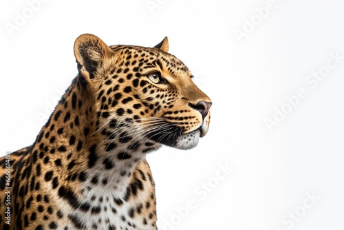 Portrait of leopard standing a looking away proudly  Panthera pardus  against white background   Generative AI