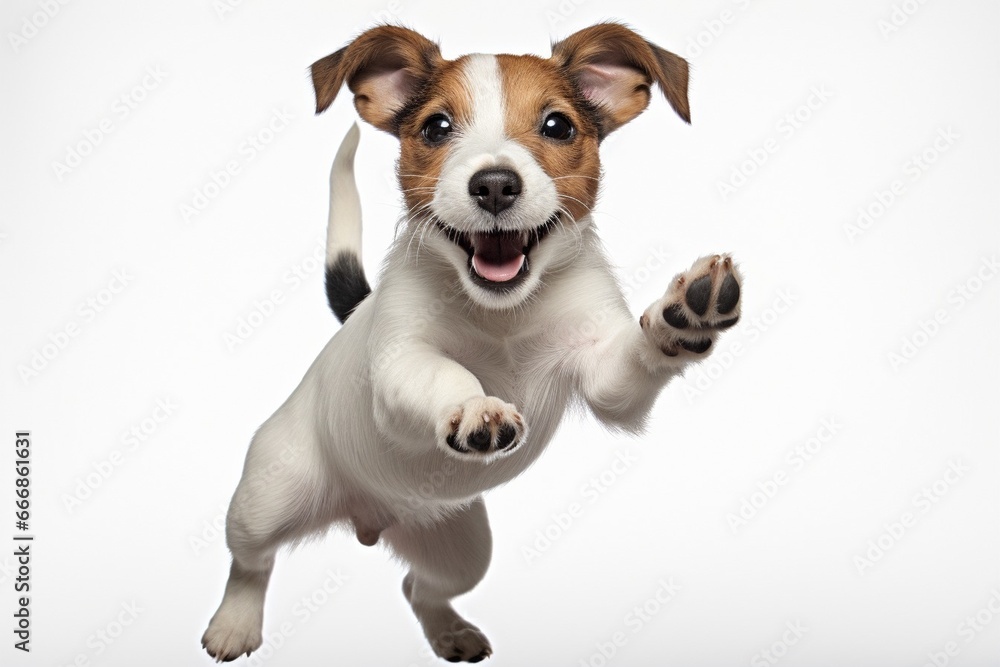 Portrait of cute playful puppy of Jack Russell Terrier in motion, jumping isolated over white studio background. Concept of motion, beauty, vet, breed, pets, animal life. Copy space fo : Generative AI