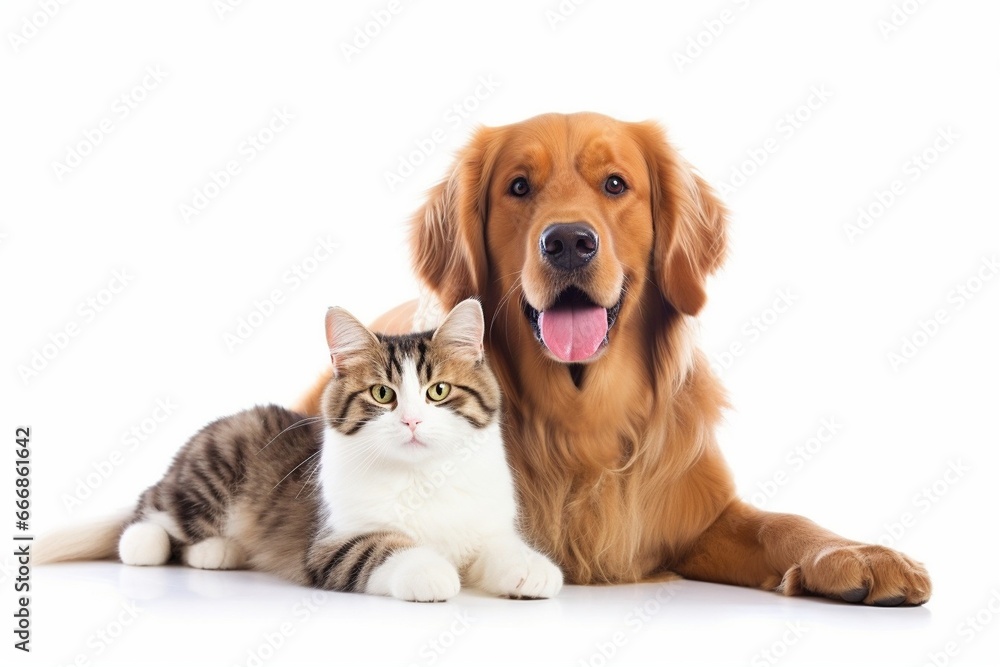 Cat and dog sitting together isolated on white background - Pet concept : Generative AI
