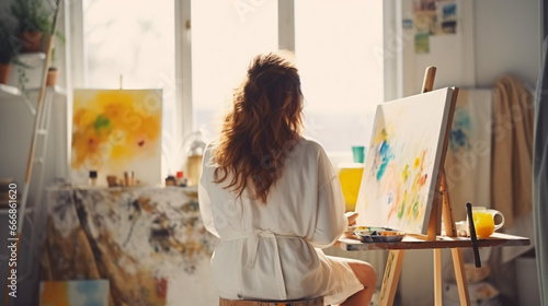 明るい部屋のアトリエの窓際で、キャンバスに絵の具で水彩画を描くエプロンをした女性の座っている後ろ姿 photo