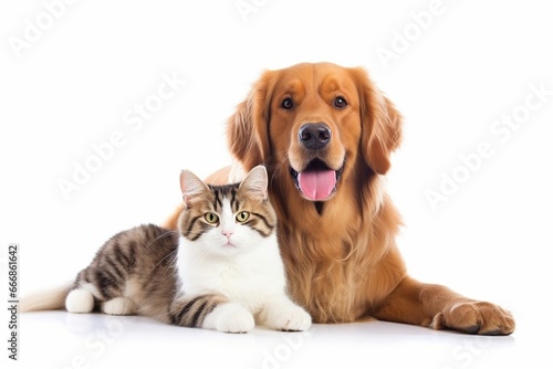 Cat and dog sitting together isolated on white background - Pet concept   Generative AI