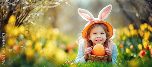 Children in bunny ears search for chocolate eggs and candy during a springtime holiday called Easter which has Christian roots photo