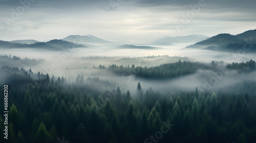 misty landscape with fir forest morning in the mountains vintage retro 