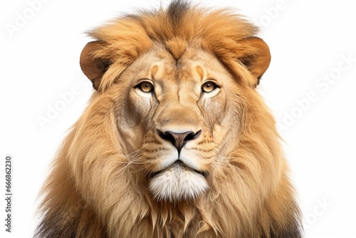 Portrait of a Male adult lion looking at the camera  Panthera leo  isolated on white   Generative AI