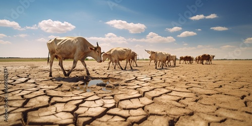 Livestock and Climate change, Thin cows walking on dry cracked earth looking for fresh water due lack of rain, an impact of drought and World Climate change. : Generative AI