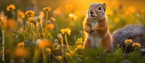 Surprised ground squirrel on meadow mouth opened peaceful relaxing amazing funny