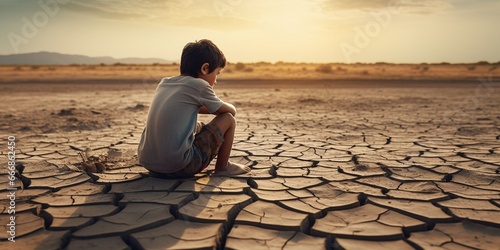 Water crisis, Child sit on cracked earth near drying water. : Generative AI