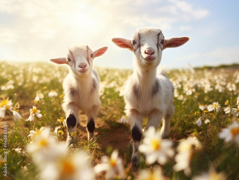 Two little funny baby goats playing in the field with flowers. Farm animals. : Generative AI Two little funny baby goats playing in the field with flowers. Farm animals. : Generative AI