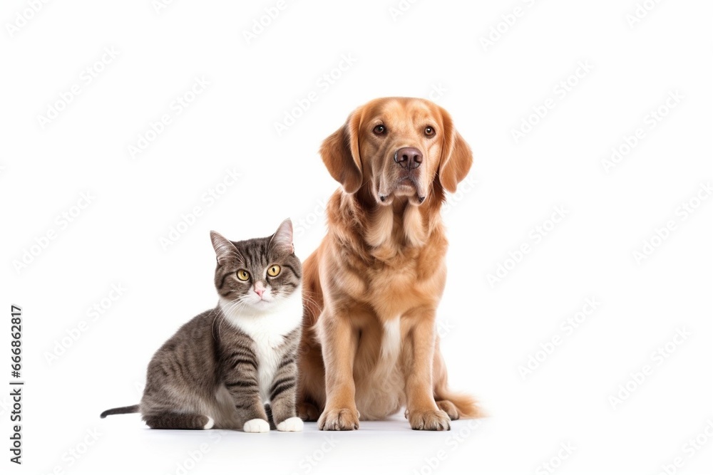 Cat and dog sitting together isolated on white background - Pet concept : Generative AI