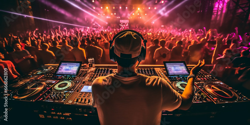 a dj view from the back playing on the decks with his hands on a headphone fitted on his ears