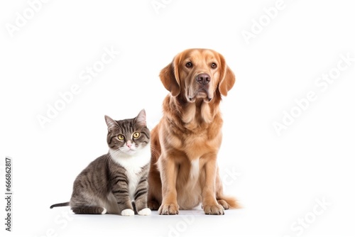 Cat and dog sitting together isolated on white background - Pet concept : Generative AI