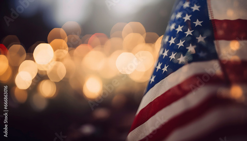 american flag and bokeh background with copy space