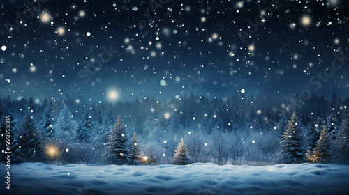 Festive Bokeh Background abstract wallpaper featuring bokeh lights, soft blue and white tones with snowflakes the Christmas and New Year's holiday season. © NiK0StudeO