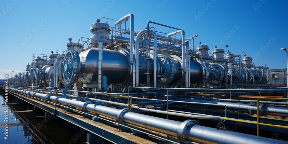 Modern exterior of construction of gray metal water pipes and tubes with circulation pumps and valves of industrial building against blue sky : Generative AI Modern exterior of construction of gray metal water pipes and tubes with circulation pumps and valves of industrial building against blue sky : Generative AI