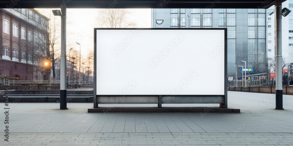 Clear Billboard in public place with blank copy space screen for advertising or promotional poster content, empty mock up Lightbox for information, blank display in station area with d : Generative AI - obrazy, fototapety, plakaty 