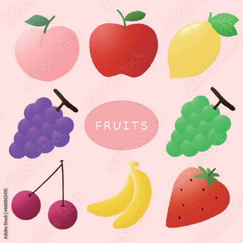Fresh Fruits illustration Collection (Peach, Apple, Lemon, Shine muscat, grapes, cherry, banana, strawberry)Fresh Fruits illustration Collection