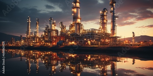 Close up Industrial view at oil refinery plant form industry zone with sunrise and cloudy sky : Generative AI