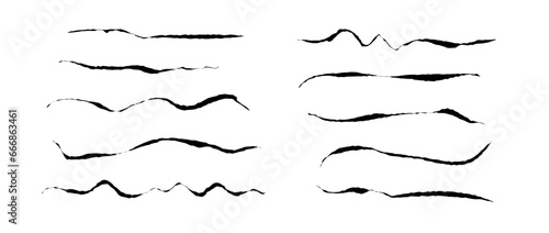 Rough ink lines set. Grunge wavy brush strokes collection. Black uneven underline curved waves. Hand drawn imitation elements for banner, banner, decoration. Vector doodle textured jagged wiggles
