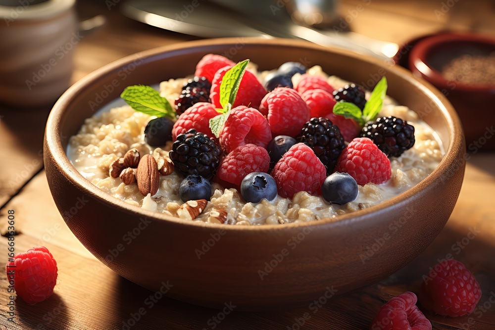 A bowl of oatmeal with berries and nuts