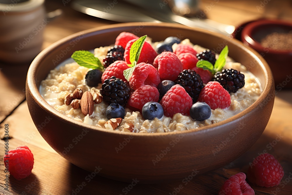 A bowl of oatmeal with berries and nuts A bowl of oatmeal with berries and nuts