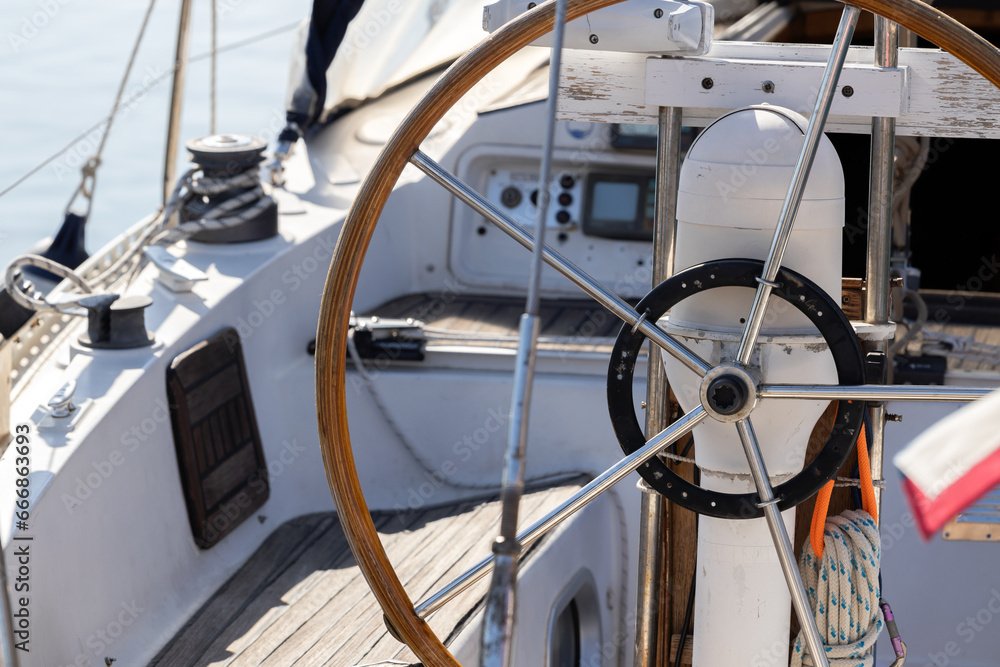 Cockpit of a Vintage Sailing Boat in the Adriatic Sea 