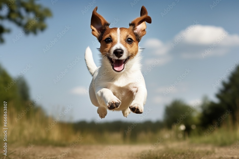 Portrait of cute playful puppy of Jack Russell Terrier in motion, jumping isolated over white studio background. Concept of motion, beauty, vet, breed, pets, animal life. Copy space fo : Generative AI Portrait of cute playful puppy of Jack Russell Terrier in motion, jumping isolated over white studio background. Concept of motion, beauty, vet, breed, pets, animal life. Copy space fo : Generative AI
