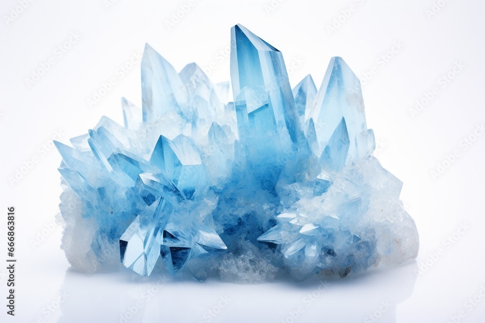 Fototapeta premium Sky Blue Celestine Crystal Stone macro mineral gemstone. Natural Azure rough Celestite crystals cluster isolated on white background : Generative AI