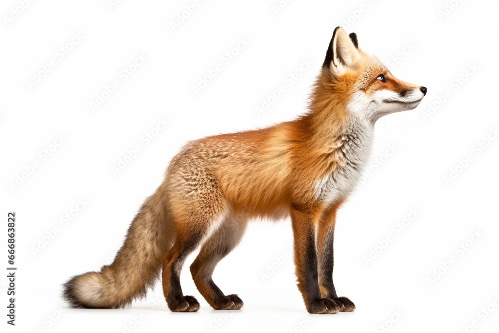 Side view of a Red fox looking up, two years old, isolated on white : Generative AI