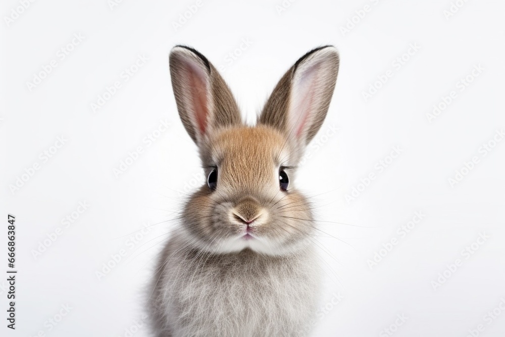 Obraz premium Front view of white cute baby holland lop rabbit standing on pink background. Lovely action of young rabbit. : Generative AI