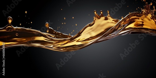 Flow of Crude Oil gasoline pour down over dark background isolated. Black water liquid fall down line. Black Ink, Coffee drink pour splash drop as gold crude oil or sticky water : Generative AI