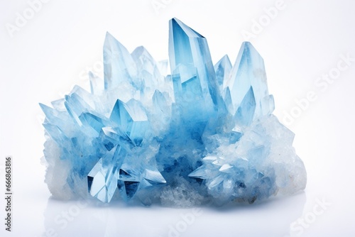 Sky Blue Celestine Crystal Stone macro mineral gemstone. Natural Azure rough Celestite crystals cluster isolated on white background   Generative AI