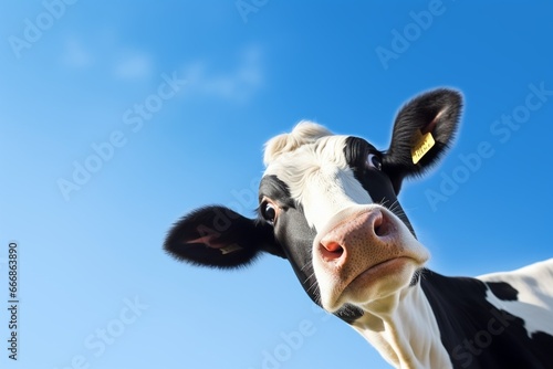 cow isolated on white, black and white gentle surprised look, pink nose, in front of a blue sky. : Generative AI photo