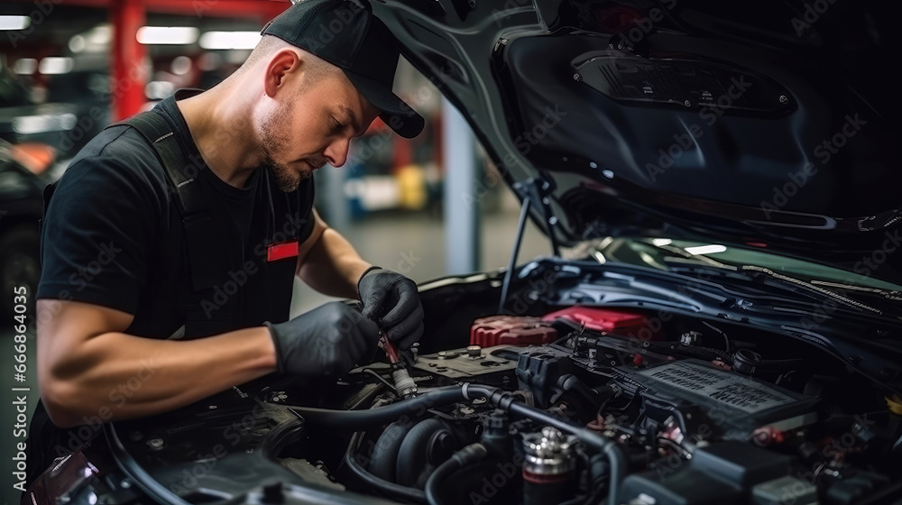 An auto mechanic working on car in a garage An auto mechanic working on car in a garage