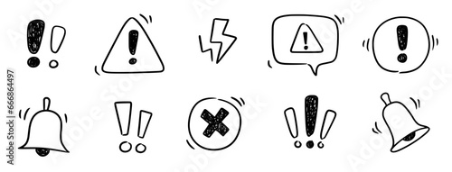 Doodle exclamation mark, alert danger sign set. Scribble hand drawn doodle exclamation triangle point, stop warning, hazard sign. Hand drawn sketch danger information sign. Vector illustration