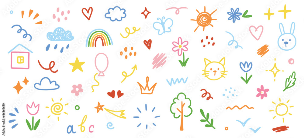 Cute kid scribble line flower, heart. rainbow background. Hand drawn doodle sketch childish element set. Flower, heart, cloud children draw style design elements background. Vector illustration
