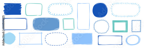 Hand drawn doodle color frame set. Box, square, rectangle, circle shape brush pen line stroke scribble element. Hand drawn simple oval, square frame for text border. Vector illustration