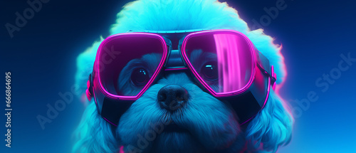 Futuristic illustration: Maltese Poodle dog in VR goggles. © JKLoma