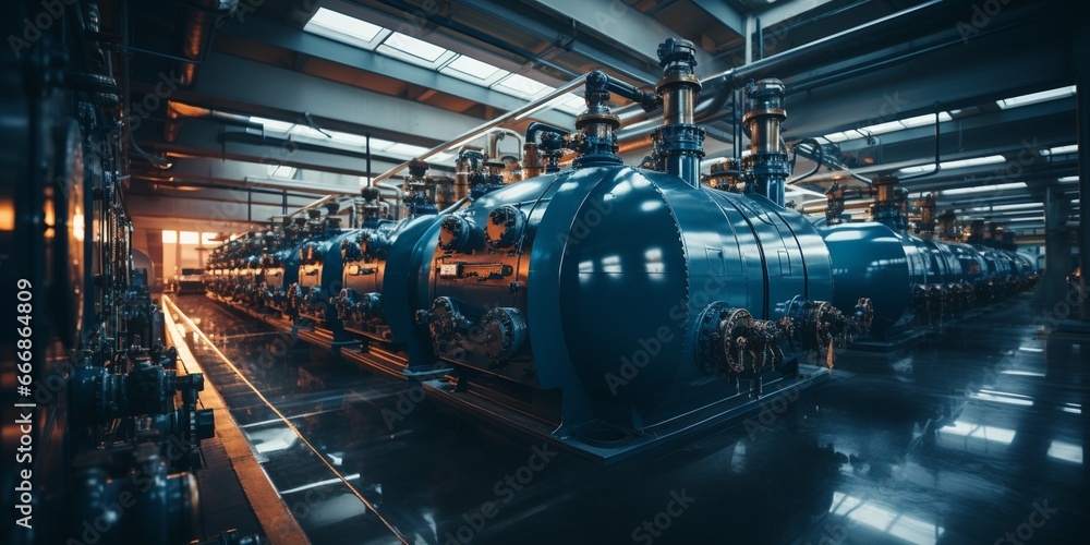 Modern industrial gas boiler room equiped for heating process with heating gas boilers, pipe lines, valves. Panoramic view, composed mixed media. Blue toning. : Generative AI