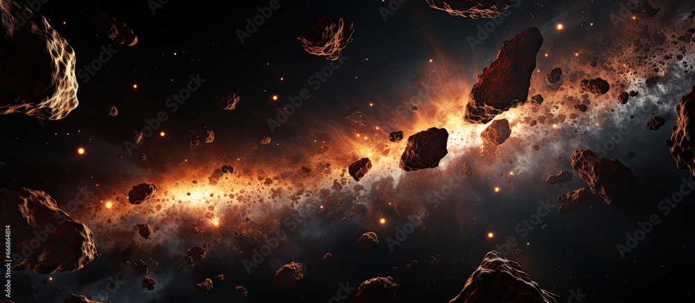 Illustration of asteroids illuminated by the Sun - obrazy, fototapety, plakaty 