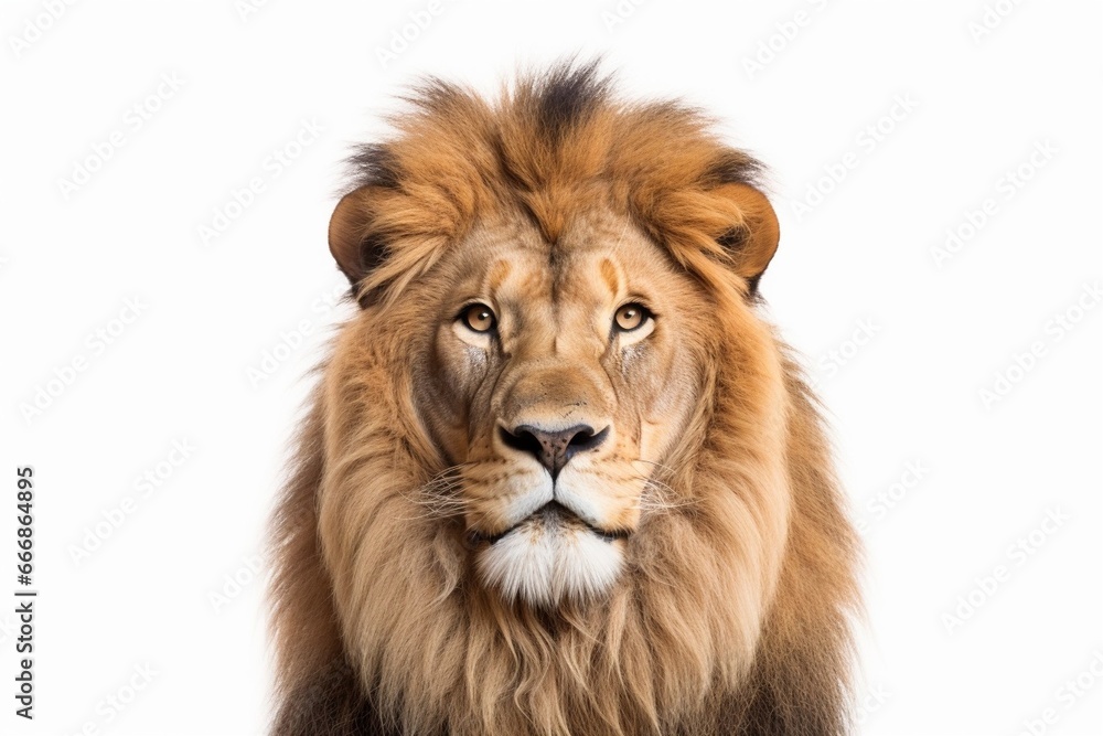 Portrait of a Male adult lion looking at the camera, Panthera leo, isolated on white : Generative AI