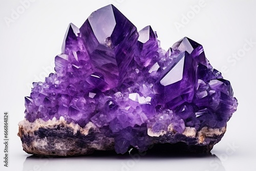 Violet Crystal Stone macro mineral. Purple rough Amethyst quartz crystals geode on white background, Uruguay : Generative AI