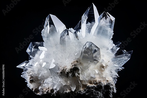Pure Quartz Crystal cluster on black background : Generative AI photo