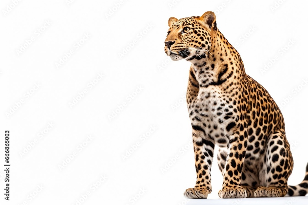 Portrait of leopard standing a looking away proudly, Panthera pardus, against white background : Generative AI Portrait of leopard standing a looking away proudly, Panthera pardus, against white background : Generative AI