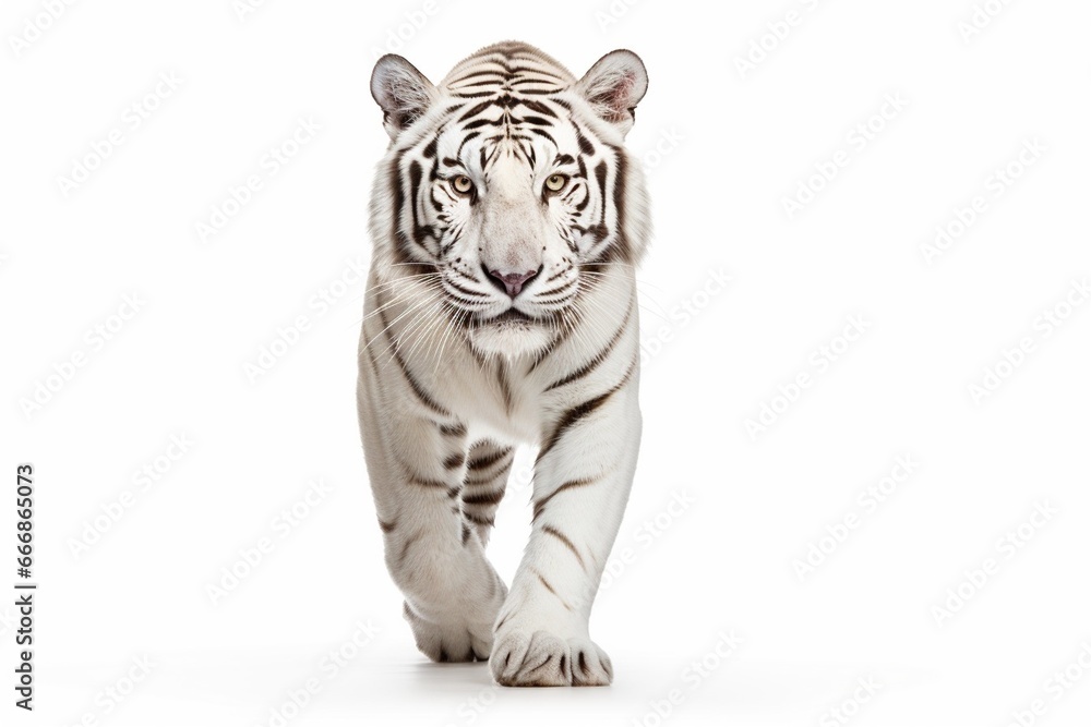Fototapeta premium Strong white tiger walking, isolated on white background : Generative AI
