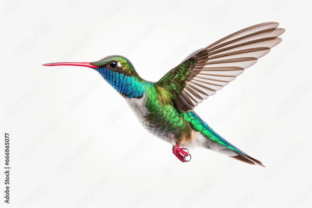 Fototapeta premium Broad Billed Hummingbird on a pure white background. Using different backgrounds the bird becomes more interesting and can easily be isolated for a project. These birds are native to M : Generative AI