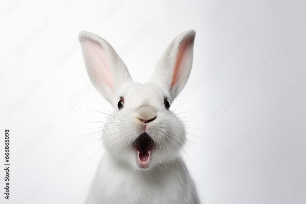 Studio portrait of white rabbit with mouth open against a white backdrop : Generative AI