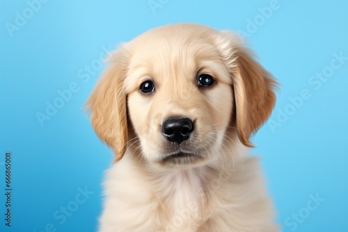 Beautiful golden retriever puppy dog isolated on blue background. dog studio portrait. front view . : Generative AI