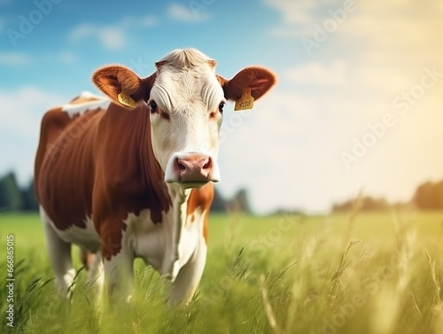 Brown milk cow grazing on green grass at farm grassland. : Generative AI